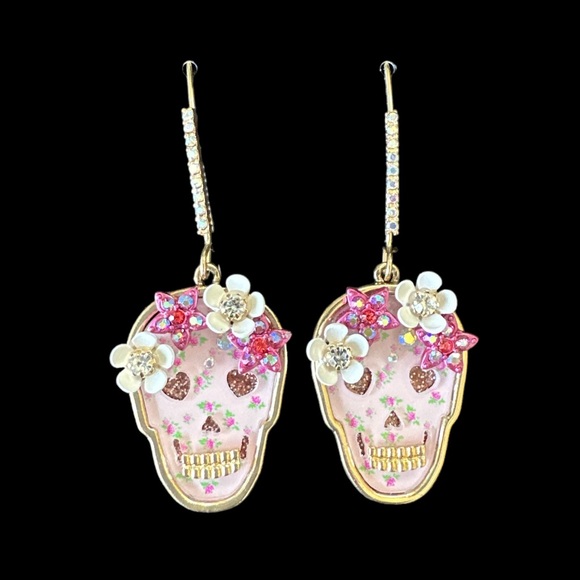 Betsy Johnson Opulent Pink SugarSkull & Flower Drop Earrings Halloween Party - Picture 3 of 5